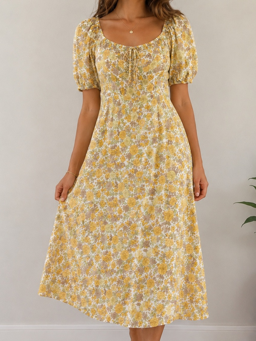 Faithfull The Brand Yellow Floral Puff Sleeve Midi Dress XS Cottagecore